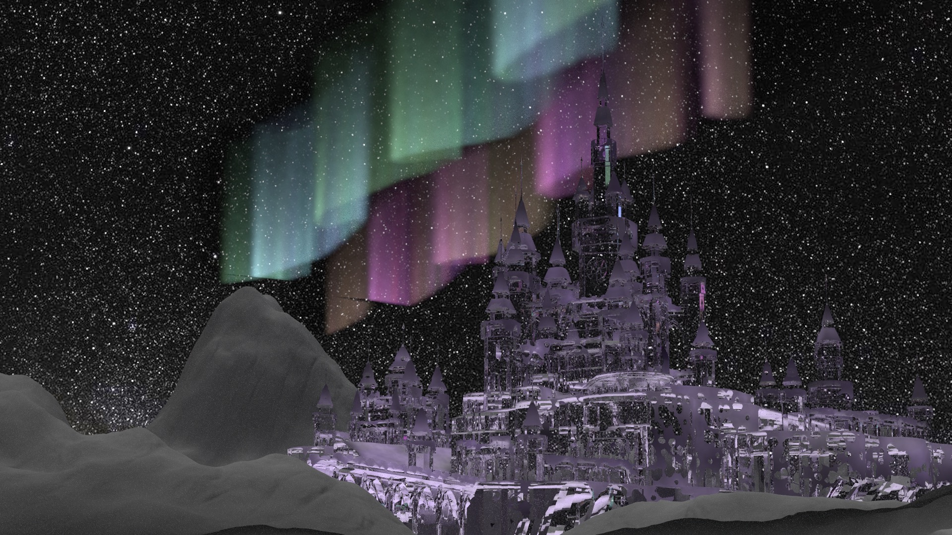Ice Castle covered with Snow and Aurora